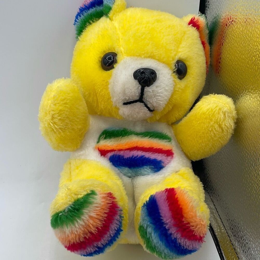 1982 Lugene Corp plush yellow rainbow bear. Heart rainbow belly.